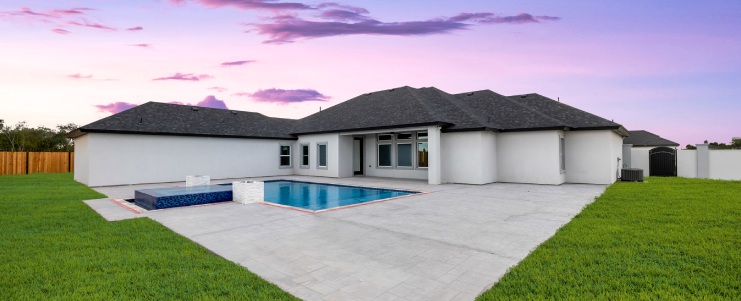 Exterior backyard with pool: luxury home